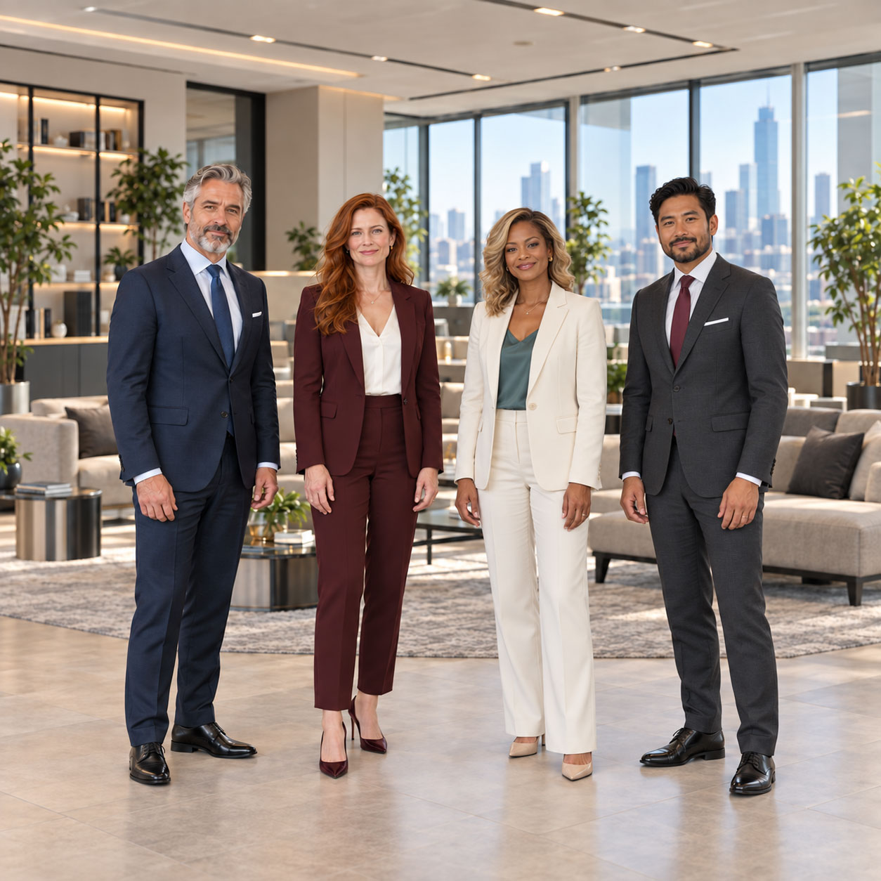 AI created image of four people wearing business clothes, looking into the camera